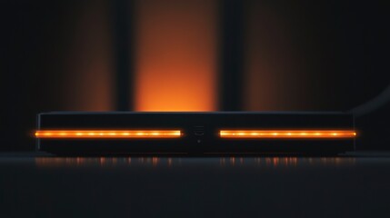 Leinwandbilder - Close-up of a dark rectangular device with orange lights illuminating the edges, sitting on a dark surface against a blurred orange background.