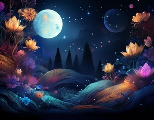 an abstract illustrated background with the moon and night sky and flowers generative ai
