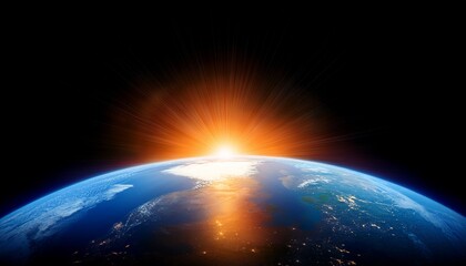 earth from space with sunrise over horizon isolated on black background copy space