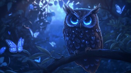 Poster - Glowing owl perched on branch amidst blue butterflies in dark forest at night.