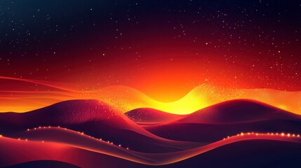 Aufkleber - Abstract fiery sunset landscape with glowing particles.