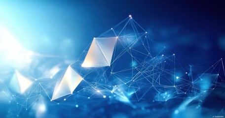 Wall Mural - glowing interconnected geometric shapes and lines forming a translucent network on a blue gradient b