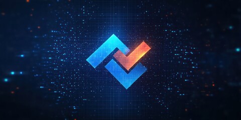 Wall Mural - glowing blue and orange abstract geometric shapes interconnected on dark digital grid background con