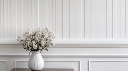 Poster - White flowers in a ceramic vase against a white wainscoted wall.