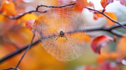 Wall Mural - Autumnal spiderweb with orb weaver in focus.