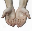© 怡如 柯 - Pair of human hands held out open with palms facing up against a white background expressing openness or request