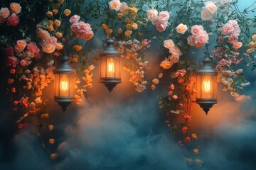 Wall Mural - Glowing Lanterns and Roses Hanging in Foggy Night