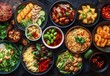© kik - Colorful variety of Asian-inspired dishes including noodles, vegetables, fried items, edamame, and sauces arranged in bowls on a dark surface, evoking a sense of abundance and appetite
