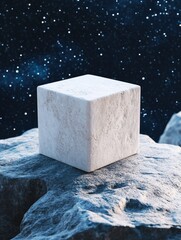 Wall Mural - A white, textured cube rests atop grey rocks against a deep space backdrop of twinkling stars