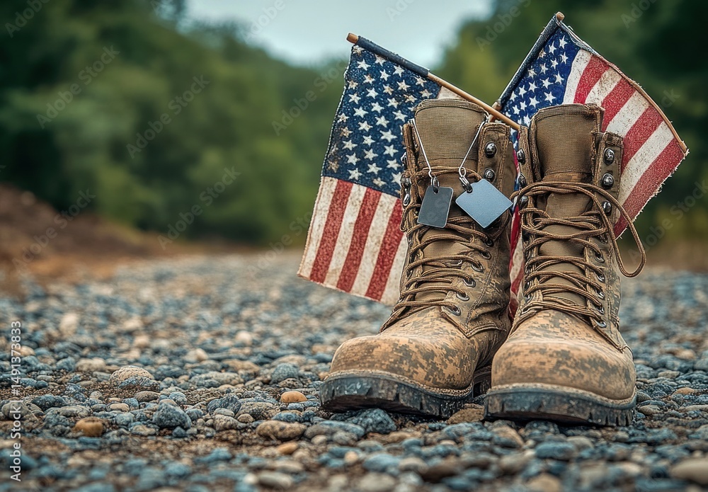 Worn military boots placed on rocky ground with two American flags and ...