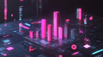 Poster - A D bar graph representing financial data growth, set against a dark background with a digital interface and various financial symbols around it.