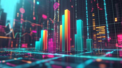 Leinwandbilder - A futuristic financial D bar graph showing rising bars in bright colors, floating against a digital grid background with financial symbols.