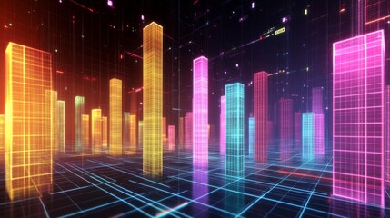 Leinwandbilder - A futuristic financial D bar graph showing rising bars in bright colors, floating against a digital grid background with financial symbols.