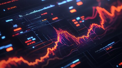 Poster - A set of colorful D financial graphs showing stock performance and business growth, set against a dark background with digital elements.
