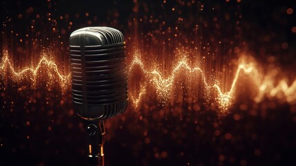 Poster - Retro microphone with glowing audio waveform.