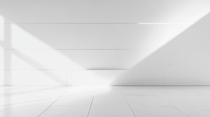 Aufkleber - empty modern white room with sleek tiled floor and angled sunlight creating geometric shadows on the wall and floor