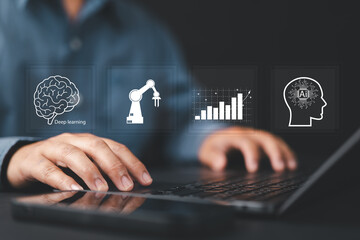 Fototapete - Deep learning concept, IOT (Internet of Things), ICT (Information Communication Technology), Machine learning and artificial intelligence. Man touching Robot brain icon with deep learning connect.