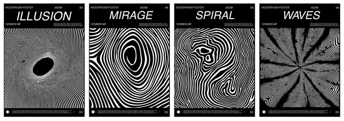 Aufkleber - Vector posters in trendy Op Art style feature dynamic, wavy black-and-white lines that create illusions of depth and movement. This modern, eye-catching style is popular in contemporary design.
