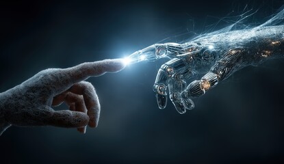 Aufkleber - Human hand touching robotic hand creating bright light effect