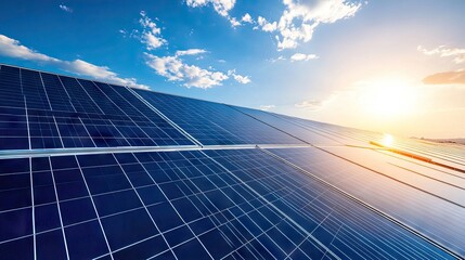 Vast array of solar panels under a vibrant sky.