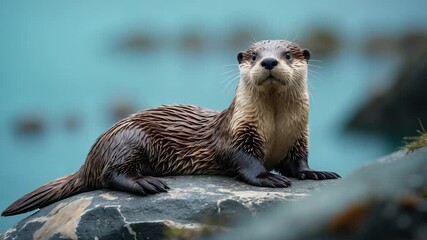 the sea otter resting on a coastal rock, a marine mammal native to the shorelines and the heaviest m