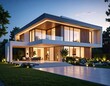 © background - Modern illuminated cube house glows at dusk Luxury living.