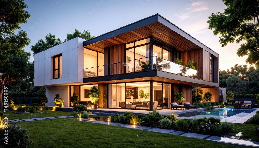 Modern Dream Home Luxury Villa with Pool at Dusk.