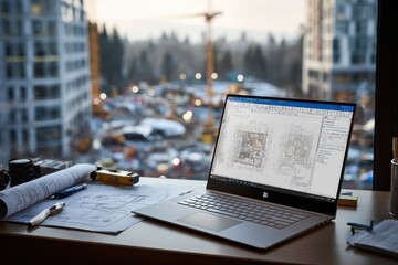 modern workspace with laptop and architectural plans overlooking construction site in urban environm