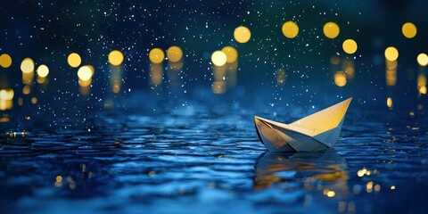 Wall Mural - paper boat sailing through a starlit puddle
