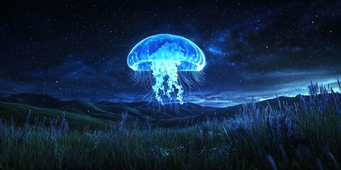 Wall Mural - glowing jellyfish floating through a nighttime meadow