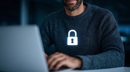 Man using laptop with padlock symbol on sweater security concept.