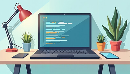 Open laptop displaying code on desk with plant and lamp in background