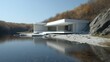 © Falconn Std - Lakeside Minimalist Modern house blends seamlessly into autumn landscape.