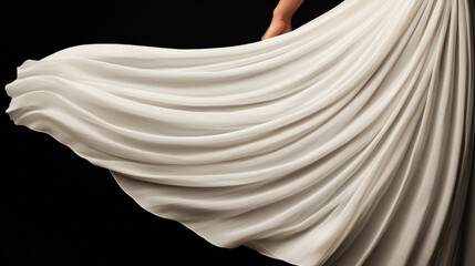 Poster - Flowing white dress gracefully swirls against dark background, capturing sense of elegance and motion. fabric delicate texture and subtle folds create dynamic visual effect