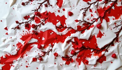 Wall Mural - Abstract Composition of Red Paper Leaves and Branches on Crumpled White Background