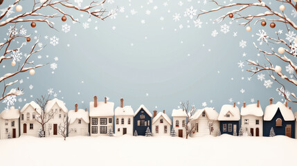 Poster - Charming winter village scene with snow covered houses and bare trees under sky filled with falling snowflakes, creating serene and festive atmosphere