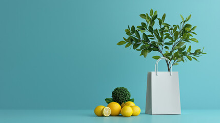 Poster - Clean and fresh depiction of paper bag with organic lemons and small plant on blue background, evoking sense of nature and simplicity