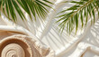 © Ying - Serene composition featuring woven straw hat and lush green palm leaves on soft white fabric background, evoking tranquil summer vibe