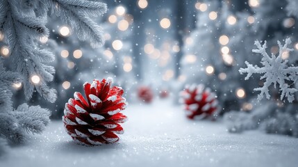 Sticker - Red and white pine cone resting on fresh white snow in a bright outdoor winter setting.