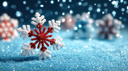 Sticker - Close-up of a white snowflake resting on a smooth blue surface with soft natural lighting.