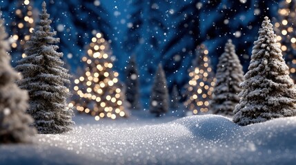 Wall Mural - Snow-covered trees illuminated by warm lights in a serene winter evening landscape.