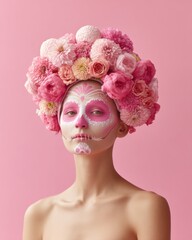Poster - Romantic Dia de los Muertos Aesthetic Soft Pink Floral Skull Makeup Editorial - Empowering Cultural Fashion for Gen Z Artistic Branding
