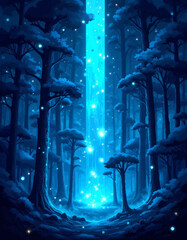 enchanted winter forest with blue glow and snow
