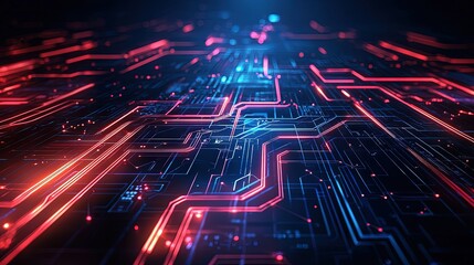 Complex circuitry design with vibrant glowing lines.