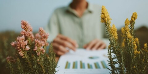 Leinwandbilder - Eco-Conscious Data Insights Millennial Professionals Analyzing Sustainability Metrics with Botanical Soft Focus - Green Business Strategy and Environmental Performance Reporting