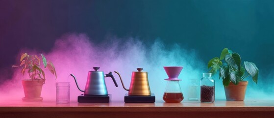 Aufkleber - Artisan Coffee Ritual Neon-Infused Brewing Landscape with Gooseneck Kettles, Pour-Over Vessels and Botanical Accents - Mindful Morning Creativity for Modern Lifestyle Enthusiasts