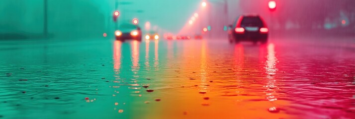 Poster - Urban Climate Crisis Neon-Drenched Flood Resilience Visualization - Cinematic Streetscape Revealing Extreme Weathers Surreal Infrastructure Impact