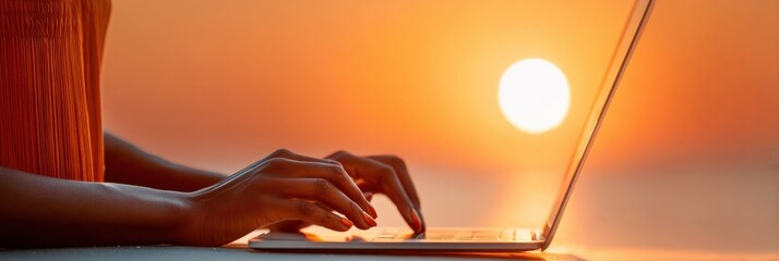 Leinwandbilder - Sunset Productivity Flow Minimalist Remote Work Aesthetic with Golden Hour Digital Nomad Workspace - Empowering Modern Professional Flexibility and Creative Performance