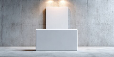 Aufkleber - Minimalist Industrial Branding Mockup Sleek White Modular Display Stand with Dramatic Lighting for Premium Event Marketing and Architectural Presentation