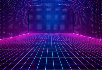 Wall Mural - Neon Neon background with grid of squares and dots